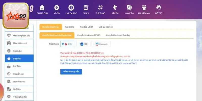 Ưu đãi khi thực hiện nạp tiền Vg99